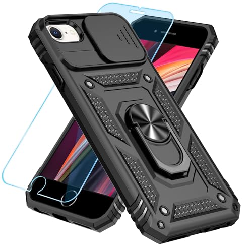 SunStory Compatible with iPhone SE 2022/2020/3rd/2rd / 6/7/8 Case with HD Screen Protector & Slide Camera Cover & Kickstand, [Military-Grade] Phone Case for iPhone SE 2020/2022/6/7/8 (BBlack) - color: BBlack