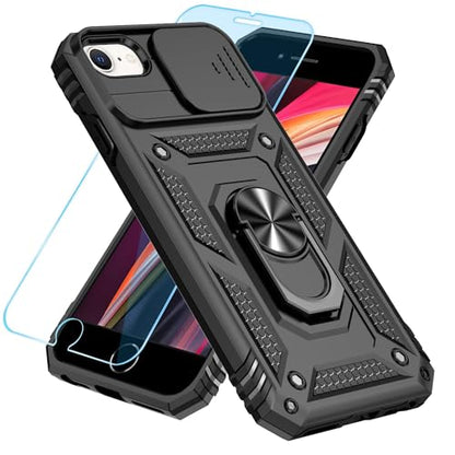 SunStory Compatible with iPhone SE 2022/2020/3rd/2rd / 6/7/8 Case with HD Screen Protector & Slide Camera Cover & Kickstand, [Military-Grade] Phone Case for iPhone SE 2020/2022/6/7/8 (BBlack) - color: BBlack