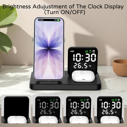 5 in 1 Wireless Charging Station with Alarm Clock Pen Holder, Fast Wireless Charger for iPhone 17/16/15/14/13/12/Pro/Max/Air, for iWatch & AirPods, Charger Stand with Temperature, Snooze Model Black - color: BLACK