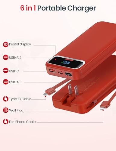 aonidi Portable Charger 12000mAh with Built-in Cables&AC Wall Plug, Red - color: Red