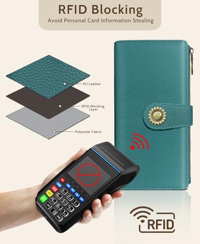 GIANCOMICS Teal Blue Womens Wallet RFID Blocking, Credit Card Holder Bifold | Billfold, Cute Cash Purse, Travel Zipper Coin Pocket, Compact Clutch, PU Leather, ID Window, 11 Card Slots, Ladies Gift Woman - color: A Solid Teal