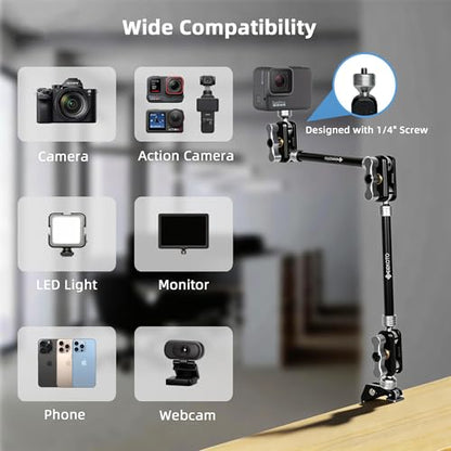 GEEKOTO 22" Magic Arm, Overhead Phone Mount with 360Dual Ball Head, CNC Aluminum Desk Camera Mount for Photography & Content Creation, Camera, Phone Holder,Filming, Action Camera, LED Light, Webcam - style: Desk Clip&Phone Clip