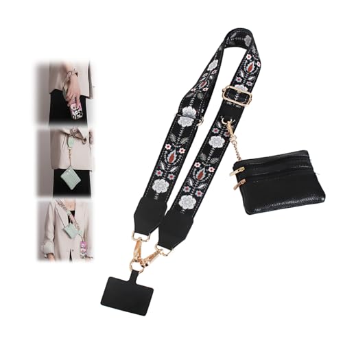 Phone Strap with Zippered Pouch, Clip and Go Strap for Phone with Wallet Crossbody - color: Bohemia Black