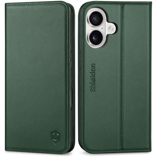 SHIELDON Genuine Leather Wallet Case for iPhone 16 6.1" 2024, Evergreen | RFID Blocking, Credit Card Holder, Magnetic Closure, Kickstand, Folio Design, Full Protection, Shockproof Phone Cover - color: Evergreen