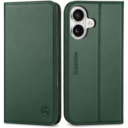SHIELDON Genuine Leather Wallet Case for iPhone 16 6.1" 2024, Evergreen | RFID Blocking, Credit Card Holder, Magnetic Closure, Kickstand, Folio Design, Full Protection, Shockproof Phone Cover - color: Evergreen