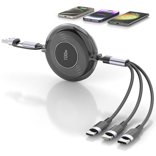 4FT Multi Charging Cable 100W Retractable USB C Multiple Charging Cable iPhone Fast Charging Cord 3-in-1 Multi Charger Adapter for iPhone 14 15 13 ipad,Pixel,Samsung Universal Cable Travel Essentials