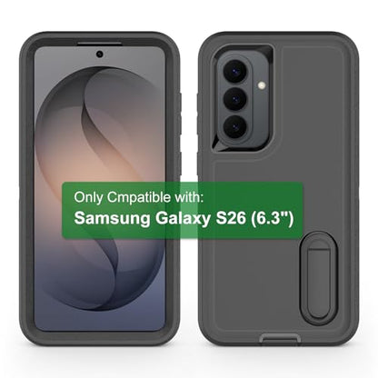 for Samsung Galaxy S26 Case, Heavy Duty Shockproof Phone Case with Built-in Kickstand + Screen Protector [Black/Black] - size: for Galaxy S26