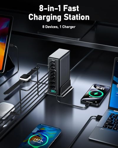 380w Charging Power Strip Station, 8 Port GaN Fast USB C Charger Block with Dual Pd 100w for Laptop, MacBook Pro/Air, Iphone16/15/14/13, Ipad, Samsung Galaxy, Android, for Travel, Home, Office