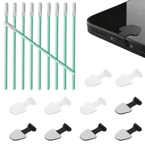 10 Pcs Anti Dust Plugs with 10 Pcs Charger Port Cleaners, Black/Translucent Self-Adhesive Silicone Dust Cover for All Lightning Ports