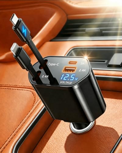 4 in 1 Retractable Car Charger, USB C Fast Charging Adapter, Black - color: Black