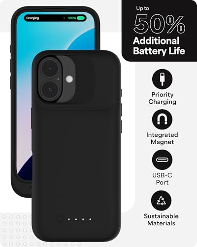 Mophie Juice Pack Battery Case for iPhone 16 - Slim Charging Case, Magnetic Back for Wallets & Mounts, +50% Extra Battery Life, Enhanced 6-Foot Drop Protection, Sustainable Material, Black - size: iPhone 16