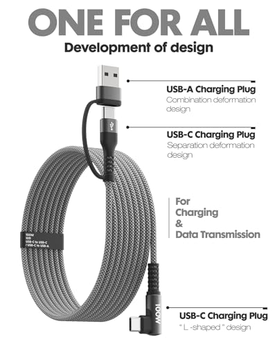 Minlu 100W Fast USB C Charger Cable Right Angle, USB A/C to USB C Cable - color: Grey, size: 10ft
