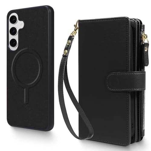 Magnetic Case for Galaxy S25 / S24 Wallet Compatible with Magsafe RFID Blocking Card Holder Detachable Phone Cover Kickstand Snap Strap Zipper Pocket PU Leather (Black) - color: Black, size: Galaxy S25 / S24