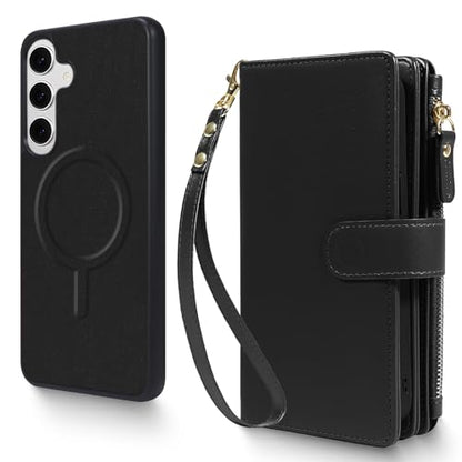 Magnetic Case for Galaxy S25 / S24 Wallet Compatible with Magsafe RFID Blocking Card Holder Detachable Phone Cover Kickstand Snap Strap Zipper Pocket PU Leather (Black) - color: Black, size: Galaxy S25 / S24