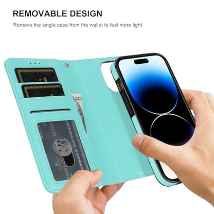 Bocasal Detachable Wallet Case Card Holder for iPhone 14 Pro, Light Blue | RFID Blocking Kickstand Card Slots Holder PU Leather Magnetic Shockproof Wrist Strap Removable Flip Protective Cover 6.1 inch - color: Light Blue