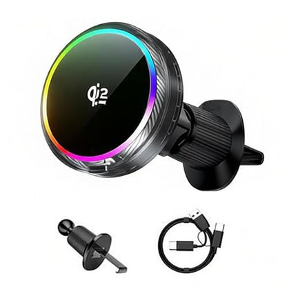 Qi2 25W Magnetic Car Mount Charger RGB Light, Ice Cooling Magnetic Wireless Car Charger Phone Holder, Air Vent Fast Charging for iPhone 17 16 15 14 13 12, S25 Series, Tempered Glass Pannel