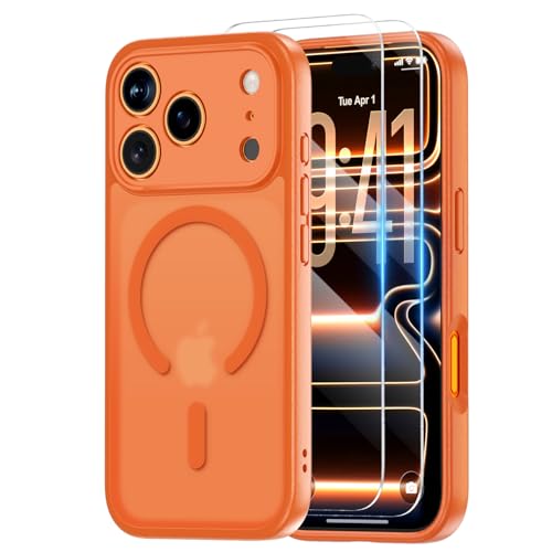 for iPhone 17 Pro Max Case,Compatible with MagSafe,Magnetic Matte Slim Cover with 2 Tempered Glass Screen Protectors,Full Camera Protection,Military Grade Shockproof Phone Case,Frosted Orange - color: A2-Orange Matte, size: iPhone 17 pro Max (6.9")