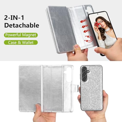 Varikke for Galaxy S25+/Plus Wallet Case Magnetic Detachable, Silver - color: Silver, size: Galaxy S25+/S25 Plus 6.7"