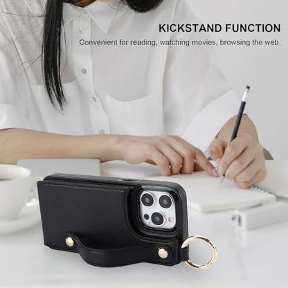 Folosu for iPhone 15 Pro Max Wallet Case with Card Holder, Hand Wrist Strap Loop Holder Kickstand, RFID Blocking Finger Grip Ring PU Leather Double Buttons Shockproof Cover 6.7" Black - color: Black