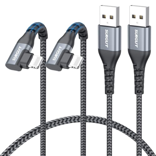 SUNGUY USB-A to Lightning Cable Right Angle 2FT 2-Pack, USB to Lightning iPhone Charger Cord 90 Degree Nylon Braided Compatible with iPhone 14/13/12/11 Pro Max Mini X XS XR 8 SE iPad9/mini - size: 2FT