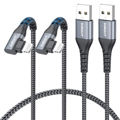 SUNGUY USB-A to Lightning Cable Right Angle 2FT 2-Pack, USB to Lightning iPhone Charger Cord 90 Degree Nylon Braided Compatible with iPhone 14/13/12/11 Pro Max Mini X XS XR 8 SE iPad9/mini - size: 2FT