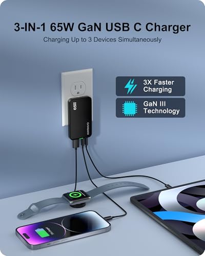 65W Flat USB Wall Charger, 3-Port PD Fast Charging Block - color: Black, size: 65W