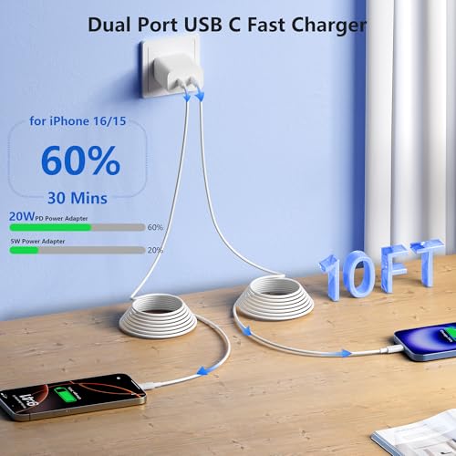 iPhone 17 16 15 Fast Charger, 2Pack USBC Double Charger Block with 10FT Long C to USB C Cable, Dual Fast Charger Compatible with iPhone 17 Pro Max/17 Pro/Air/16 Pro Max/16e/15 Pro Max/15 Pro/15/iPad