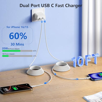 iPhone 17 16 15 Fast Charger, 2Pack USBC Double Charger Block with 10FT Long C to USB C Cable, Dual Fast Charger Compatible with iPhone 17 Pro Max/17 Pro/Air/16 Pro Max/16e/15 Pro Max/15 Pro/15/iPad