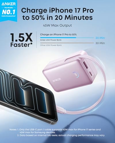 Anker Nano Power Bank, 45W 10,000mAh Portable Charger, iPhone Battery Pack (Pink) - color: Pink