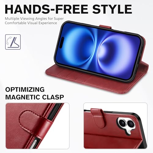 TUCCH Wallet Case with Wrist Strap for iPhone 16 (6.1") 2024, Dark Red | 4 Card Holders, RFID Blocking, Viewing Stand, Shockproof TPU Shell, PU Leather, Magnetic Closure, Folio Flip Cover - color: Strap - Dark Red