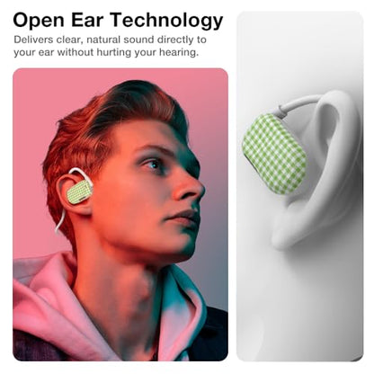 Purity Air Open Ear Headphones - True Air Conduction Wireless Bluetooth Open Ear Earbuds with Dual Mic for iPhone/Android - Secured Long Wearing Comfort, Sports Sweat Resistant (Green Checkers) - color: Green Checkers