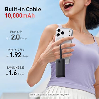 iWALK Mini Portable Charger 10,000mAh, 22.5W USB-C Fast Charging Power Bank with Built-in Cable, Travel Essential Ultra-Small Battery Pack Compatible for iPhone 17/16/16 Pro/15, Samsung, Google, Black - color: Black 22.5W