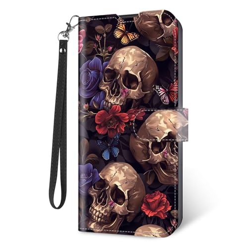 Wallet Case for Samsung Galaxy S25 Ultra with RFID Blocking Credit Card Holder, Flip PU Leather Magnetic Closure Wrist Strap Phone Cover for Samsung Galaxy S25 Ultra, Gothic Skulls Floral