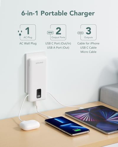 charmast Portable Charger Power Bank Built in Cables,10000mAh Battery Pack | with AC Wall Plug,LED Display & 5 Outputs,Travel Camping Essentials Slim External Phone Charger for iPhone,Samsung,Android - color: White