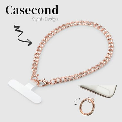 Phone Charm with Gold Metal Chain Detachable Phones Lanyard Hand Wrist Strap Adjustable Phone Finger Grip Wristlet with 3 Patches Tether Universal for iPhone 16 Pro Max 15 Charms Rose Gold - color: Rose Gold