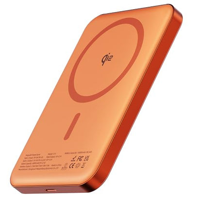 Qi2 Certified Magnetic Power Bank 10000mAh, 15W Fast Wireless Charger, Ultra-Slim LiFePO4 Battery Pack with 20W PD USB-C, Portable Charger for iPhone 17-12, Apple Watch & AirPods - color: Orange