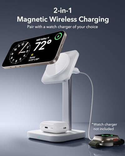 ESR 2 in 1 Magsafe Charger Stand, Wireless Charger Stand for iPhone [Certified], Magsafe Wireless Charging for Multiple Devices iPhone 17e/17/16/15/14/13/12, Apple Watch& AirPods 4/3, White