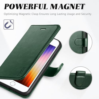 TUCCH Case Wallet for iPhone SE 2022/SE 2020/iPhone 8/7, Midnight Green | 3 Card Holders, Kickstand, PU Leather, Shockproof TPU Shell, Magnetic Closure, Protective Folio Cover - color: Midnight Green
