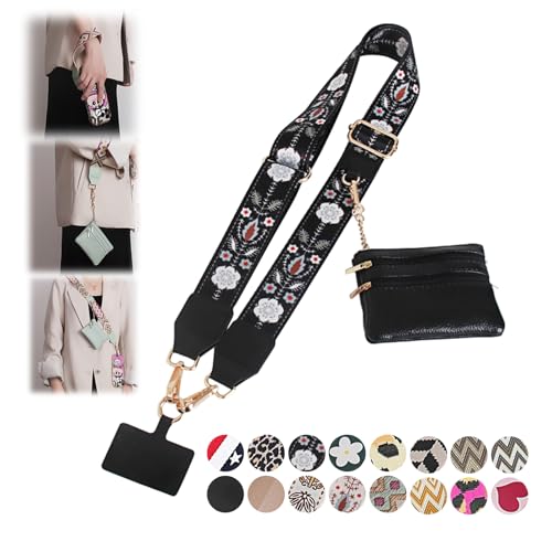 Phone Strap with Zippered Pouch, Clip and Go Strap for Phone with Wallet Crossbody, Adjustable Crossbody Phone Strap-3 - color: Bohemian-black