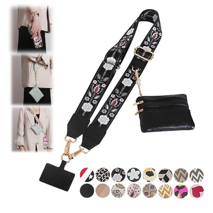 Phone Strap with Zippered Pouch, Clip and Go Strap for Phone with Wallet Crossbody, Adjustable Crossbody Phone Strap-3 - color: Bohemian-black