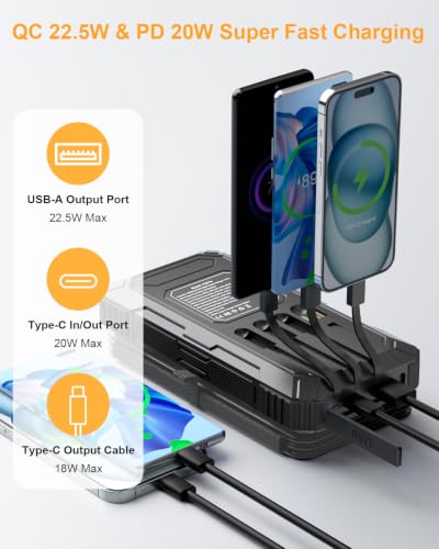 Solar Charger Power Bank 49800mAh with 4 Built-in Cables & 4 Foldable Panels, 22.5W Fast Portable Phone Charger, External Battery Pack with USB-C in/Output & Flashlight for Outdoor Camping - color: Dark grey-black