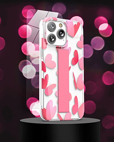 ENCASED Finger Loop Case Designed for iPhone 14 Pro Max with Hand Strap Grip, Cute Pink Butterfly-Heart Design (Screen Protector Included) - color: Pink Heart Butterfly