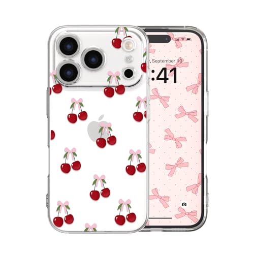for iPhone 17 Pro Max Case, Big Cherries | Cute Bow Cherry Aesthetic Clear Ribbon Pattern Women Girls, Girly Transparent Soft Slim TPU Shockproof Protective Cover - color: Big Cherries, size: for iPhone 17 Pro Max