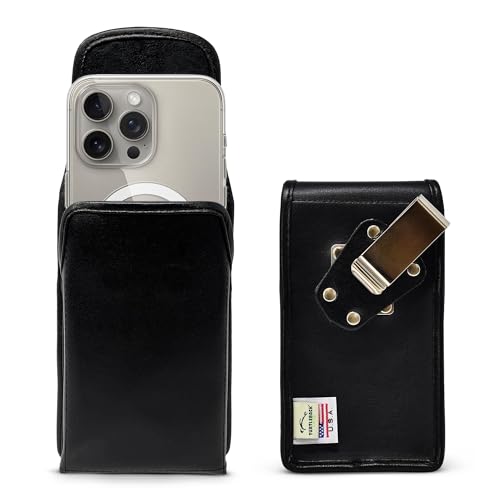 Turtleback Belt Clip for iPhone 16 Pro, 16e, 15 pro 14 Pro 13 Pro -Small- Fits w/Slim MagSafe Style Cases - Premium Black Leather, Vertical Belt Holder, Magnetic Closure, HD Rotating Belt Clip - color: Vertical - Leather w/ Metal Clip, size: Small
