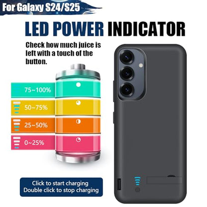 Battery Case for Samsung Galaxy S25 / S24, 5000mAh Rechargeable Extended Battery Charging Charger Case, Add 100% Extra Juice, Not Compatible with S25+ or S25 Ultra (6.2 Inches) Black