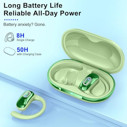 Open Ear Headphones, NEW Over Ear Earbuds with 4 ENC Noise-Canceling Mic - color: Light Green