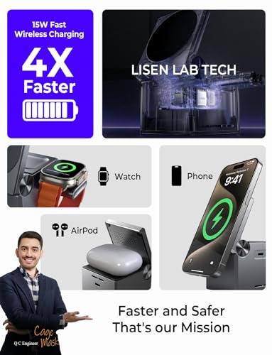 LISEN Qi2 Magsafe Charger Stand 3 in 1 Charging Station for Apple iPhone and Watch Charging Station for 15W Magsafe Charger Stand Cube, Foldable for iPhone 17 16 and Google Pixel 10, 10 Pro, 10 Pro XL