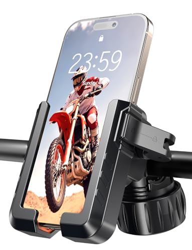 Motorcycle Phone Mount, [No Block Camera] [Anti-Shake Design] Bike Phone Holder, [Silicone Wrapped] Handlebar Cell Phone Mount for Bike/Scooter/ATV, Fits iPhone 17/16/15/14/13 Pro Max & 4.7"-7" Phones