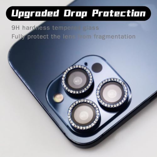 BONVAN for iPhone 15 Pro/Pro Max/14 Pro/ProMax Camera Lens Protector - Bling Glitter Diamond Metal Crystal Tempered Glass Screen Accessories Rhinestones Lens Cover (DK.Blue) - color: DK.Blue