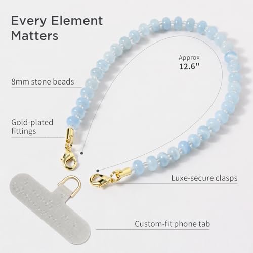 POSADINA Natural Stone Phone Charm, Beaded Healing Phone Wrist Strap, Handmade Cellphone Chain Lanyard with Tether Tab - color: Celeste Mist
